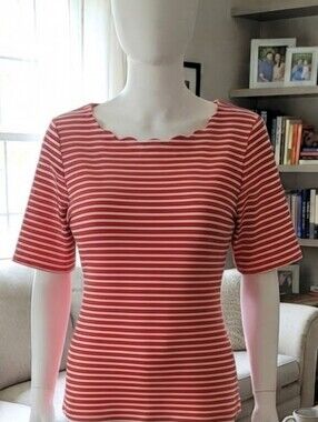 Talbots striped Coral And White Scalloped neck top